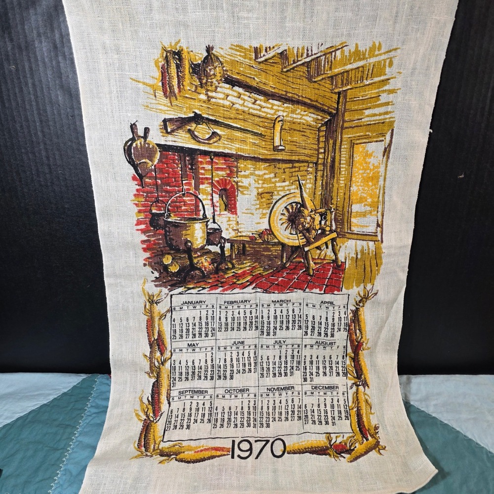 Stevens Linen Calendar Towel 1970 Vintage Unisex OS Cream Colonial Kitchen USA